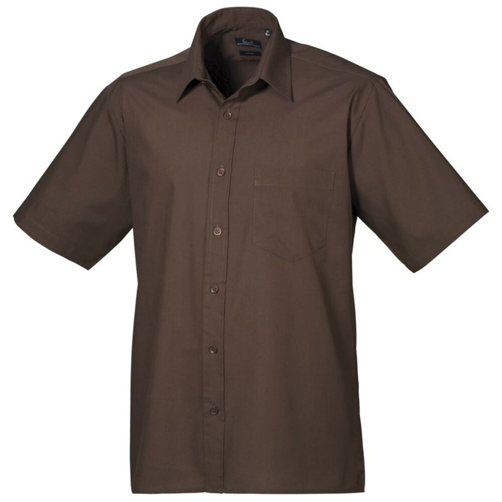 Premier Mens Short Sleeve Formal Poplin Plain Work Shirt / Brown
